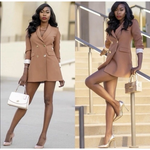Zara M Double Breasted Blazer Jacket Long Camel Tan Gold Blogger Fave Old Money - Picture 5 of 10